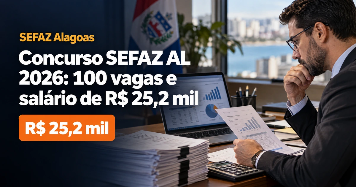 Concurso SEFAZ AL 2026: 100 vagas e salário de R$ 25,2 mil